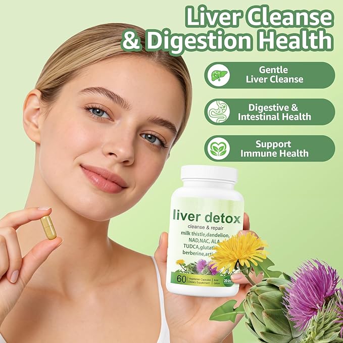 Liver Detox Capsules - 20-in-1 Herbal Formula with Milk Thistle Dandelion Turmeric &amp Artichoke Leaf for Liver Support and Digestive Balance - Non-GMO Gluten-Free (60 Count)
