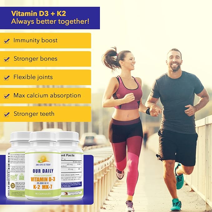 Our Daily Vites Vitamin D-3 25000 IU + K2 - High Potency D3 with Vitamin K Bone Immune Mood + Cardiovascular Support Supplement