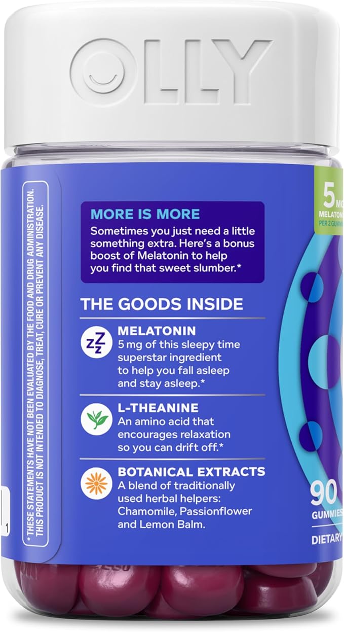 OLLY Extra Strength Sleep Gummy 5 mg Melatonin L-Theanine Chamomile Lemon Balm Extracts Sleep Aid BlackBerry Flavor - 90 Count