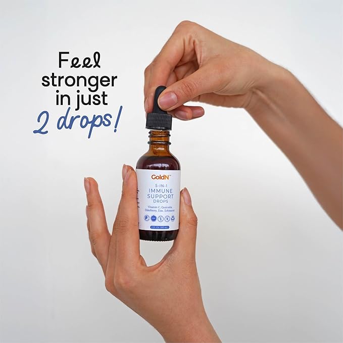 GoldN™ 5-in-1 Immune Support Drops | Vitamin C Quercetin Elderberry Zinc Echinacea | No Artificial Ingredients | Non-GMO Gluten-Free | 2oz (60ml) | 1-Month Supply