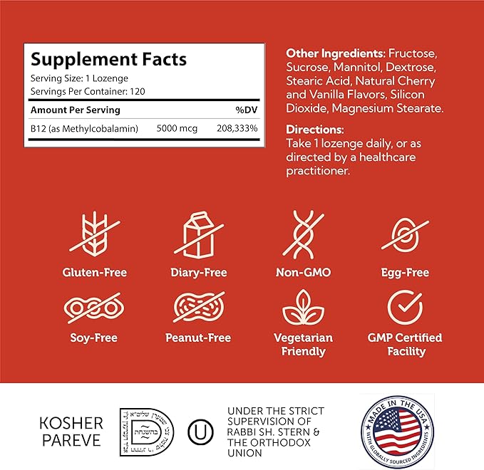 Zahler Energizer+ Vitamin B12-5000 mcg Vitamin B12 - Natural Cherry Flavor Dissolvable Lozenges - Kosher Gluten Free Non-GMO B12 Vitamins 5000 mcg Energy Boost Made in USA (120 Count)