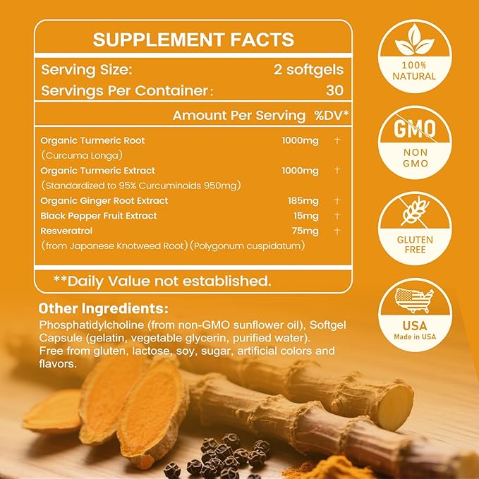 Turmeric Supplement 2275mg 95% Curcumin Liposomal Curcumin for Best Absorption Curcumin Supplement for Joint Support Bottled in USA - 240 Softgels