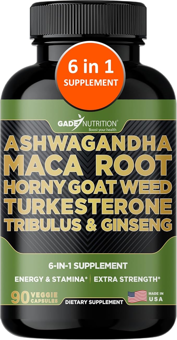 Gade Nutrition Ashwagandha with Maca Root Horny Goat Weed Turkesterone Supplement Tribulus Terrestris Panax Ginseng | 90 Vegetable Capsules for Energy Stamina Performance. | Made in USA