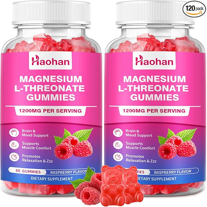 Magnesium L-Threonate 1200mg Gummies to Support Focus &amp Muscles Sugar-Free Raspberry Flavor 120 Count for Adults &amp Kids