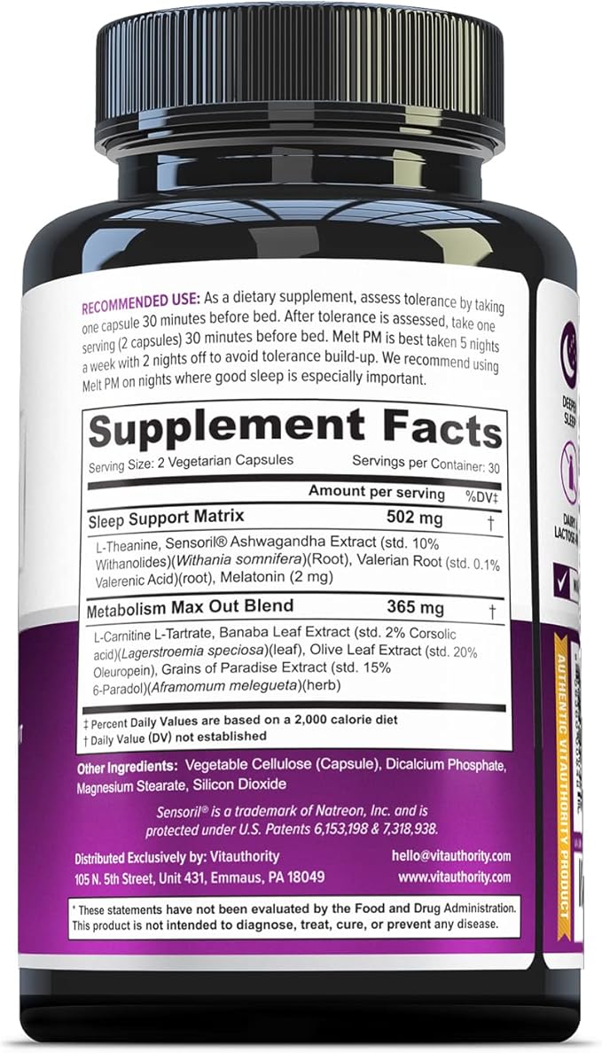 Vitauthority MELT PM Nighttime &amp Weight Loss Pills: Naturally Support More Restful Sleep with Ashwagandha &amp L-Theanine - 30 Servings
