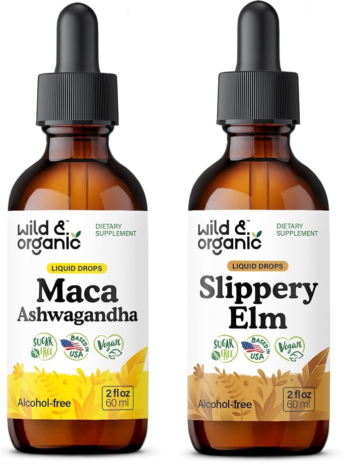 Wild &amp Organic Maca Ashwagandha Tincture 2 fl oz &amp Slippery Elm Tincture 2 fl oz