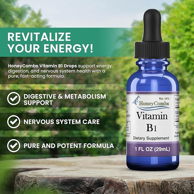 HoneyCombs Vitamin B1 Thiamine Liquid Drops for Adults and Kids High Potency B1 Vitamin Supplement Vegan Vitamina B1 Formula Thiamine B1 Supplement Made in USA