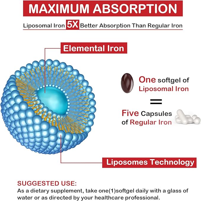 Liposomal Fe Iron Supplement for Women 65 mg Iron Supplement with Folic Acid &amp Vitamin B12 for Men Daily Blood &amp Energy Support for Adults Iron Deficiency 60 Softgels (1 Bottle)