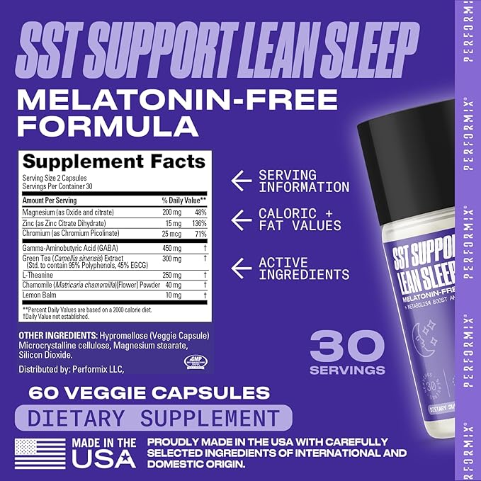 PERFORMIX - SST Support Lean Sleep - Herbal Sleep Aid Supplement - Gentle Nighttime Support - Calming Formula - 60 Veggie Capsules for Adults
