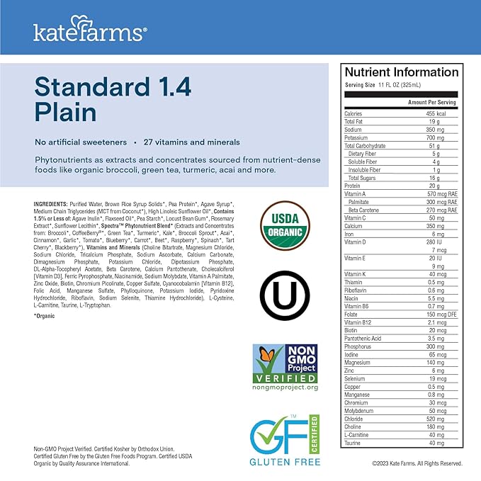 KATE FARMS Organic 1.4 High Calorie Nutrition Shake Plain 20g Protein 27 Vitamins and Minerals Meal Replacement Protein Shake. 11 oz (12 Pack)