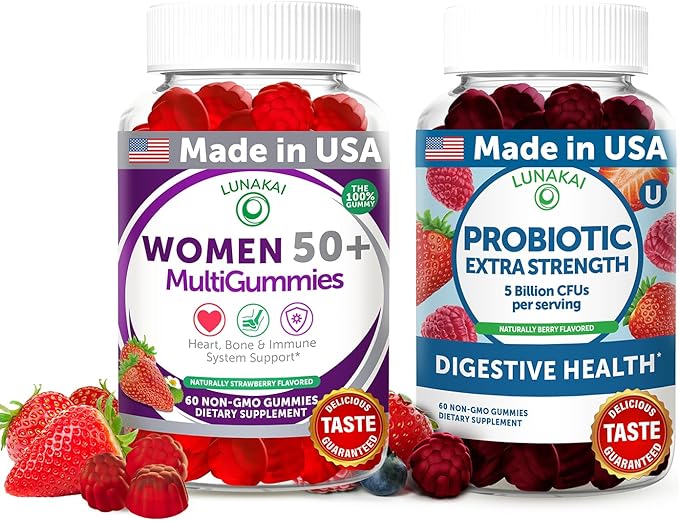 Lunakai USA Made Women 50+ Multivitamin &amp Probiotic Gummies Bundle – Immune &amp Digestive Support – 60 Non-GMO Gummies Each