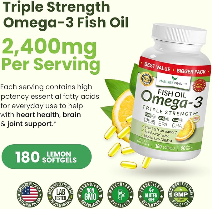 Triple Strength Omega 3 Fish Oil Supplements 2400mg | 180 Capsules Burpless High Potency Lemon Flavor High EPA DHA for Men &amp Women Ultra Pure Softgels | Joint Support Eyes Heart Brain Health P