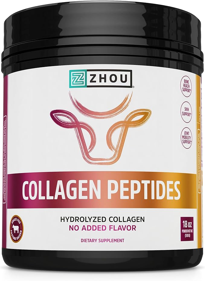 Zhou Collagen Peptides - Pure Hydrolized Collagen Powder for Women &amp Men Grass Fed Natural Bovine Collagen for Skin Hair Growth Joints &amp Bones - 18 oz Jar (46 Servings)