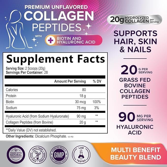 Collagen Peptides Powder - Hydrolyzed Type 1 &amp 3 Collagen Powder 20g per Serving with Hyaluronic Acid &amp Biotin - Vital Nails Skin &amp Joint Support - No Sugar Unflavored Bottled in USA -