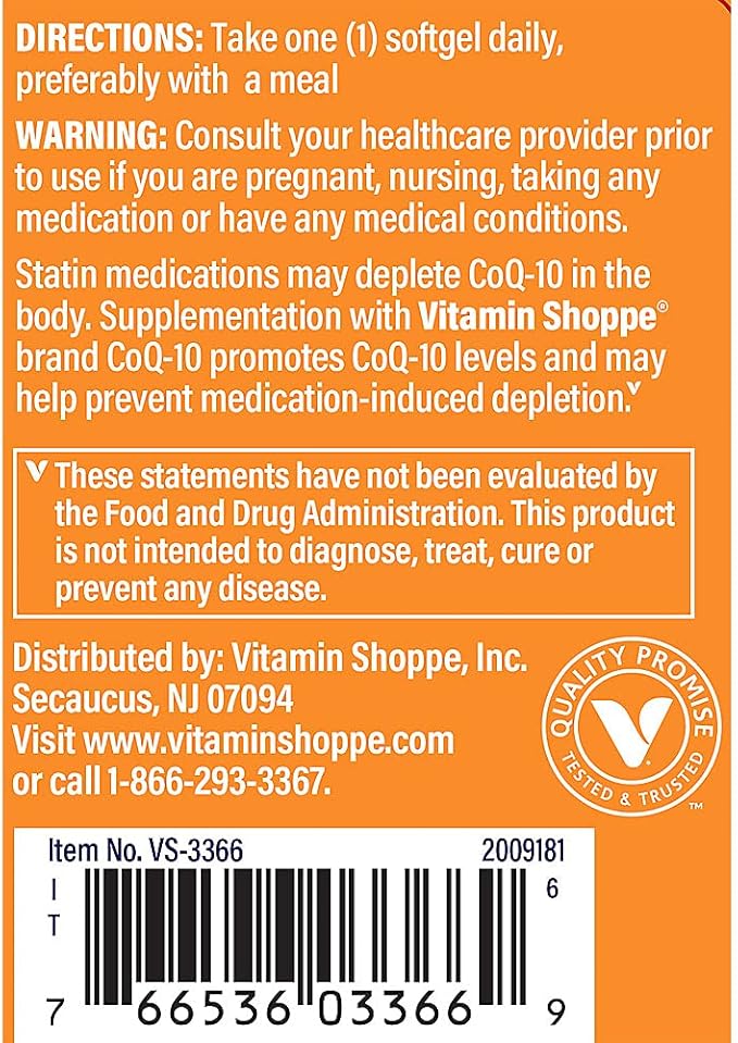 The Vitamin Shoppe CoQ-10 200mg Beneficial for Those Taking (60 Softgels)