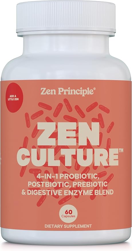 Zen Principle Zenculture™ – 4-in-1 Synbiotic Supplement (Probiotic + Prebiotic + Postbiotic + Digestive Enzymes) with CoreBiome®. Anti Bloating Immune &amp Brain-Gut Health. 60 Capsules