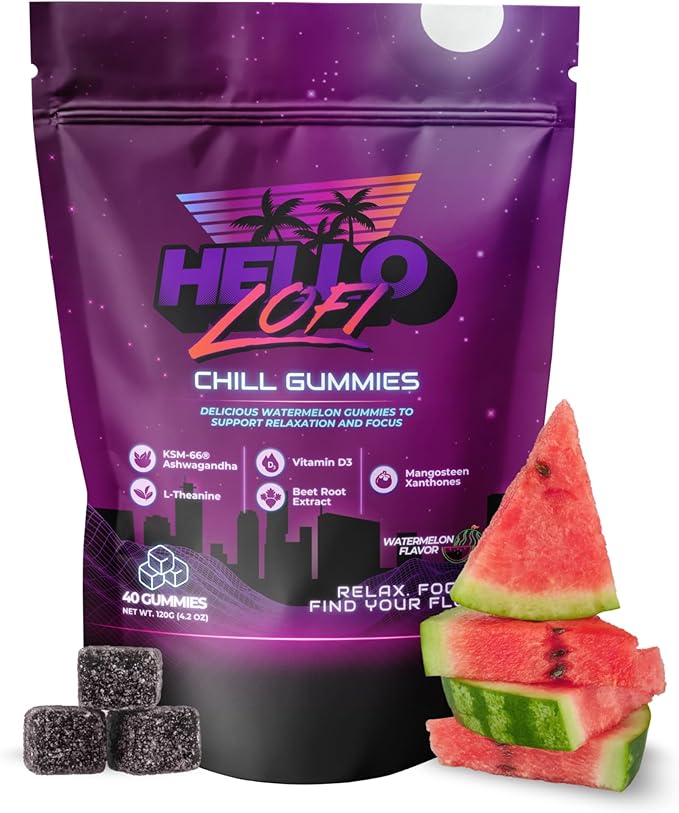 Chill Gummies Relaxation and Focus Supplement with L Theanine and Ashwagandha Defense System Support with Mangosteen and Vitamin D Gluten Free Vegan Watermelon Flavor 40 Count