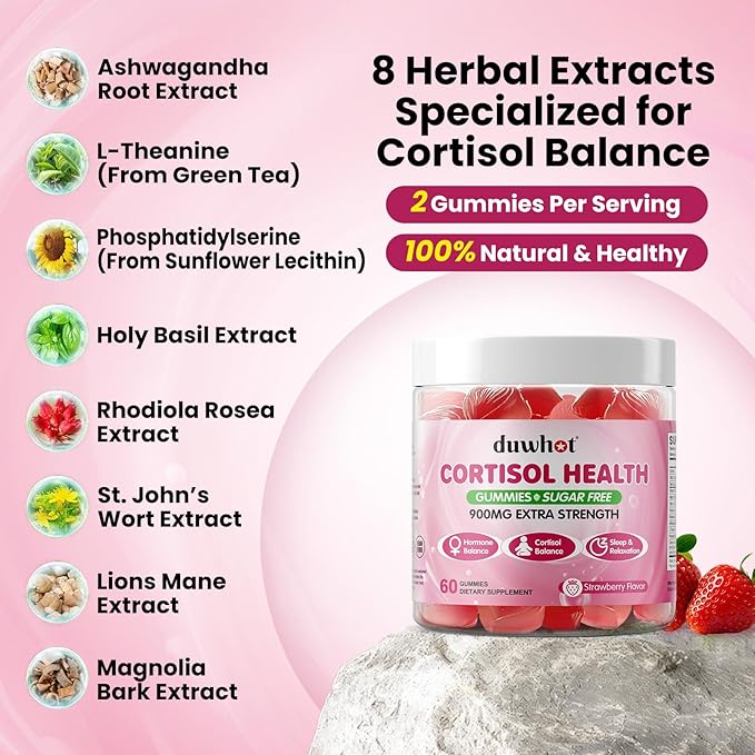 Cortisol Gummies 15 in 1 Lower Cortisol Supplements for Women w. Ashwagandha Magnesium Phosphatidylserine Folate for Hormone Balance Mood Focus Sleep Support Sugar Free Vegan 60
