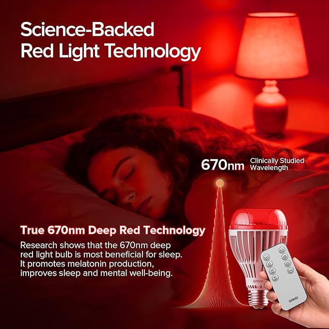 SANSI 670nm Red Light Bulb for Sleep Therapy with Remote Timer Dimmable Zero Blue Light for Melatonin Promoting Dual Mode Natural Sleep Aid &amp 3000K Reading Light 25W A21 E26 for Bedroom