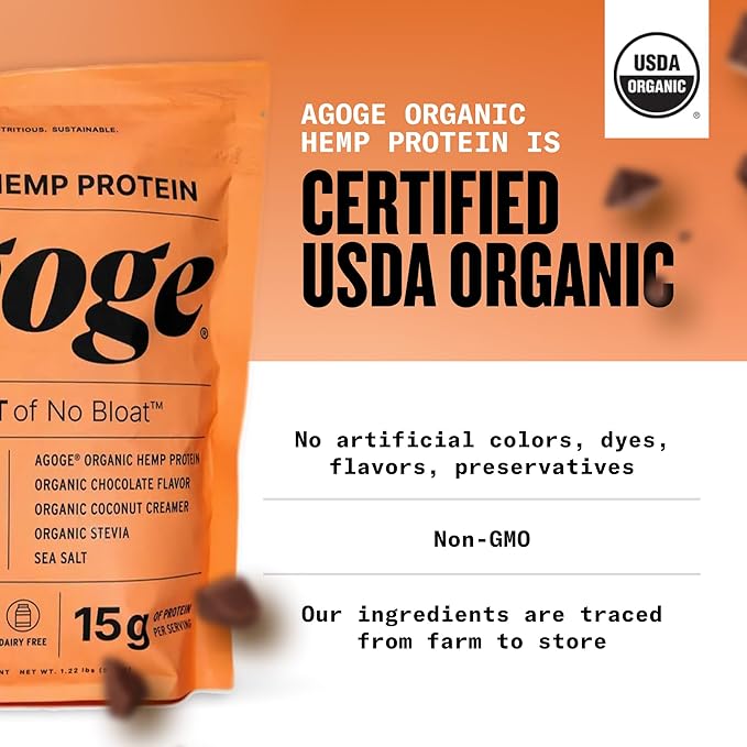Agoge - USDA Organic Hemp Protein Powder The Goat of No Bloat NSF Certified for Sport All Flavor Essential Amino Acids Plant-Based Gluten Free for Women &amp Men (20 Servings) (Chocolate)