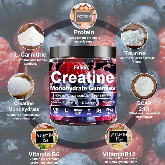 Creatine Monohydrate Gummies Complex 8000mg for Men and Women Containing L-carnitine &amp Taurine Build Muscle Boost Energy Faster Recovery Sugar Free &amp Vegan Raspberry &amp Blackberry 12