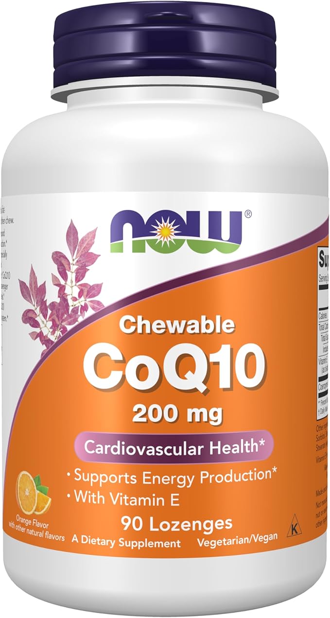 NOW Foods Supplements CoQ10 200 mg Pharmaceutical Grade All-Trans Form produced by Fermentation 90 Lozenges