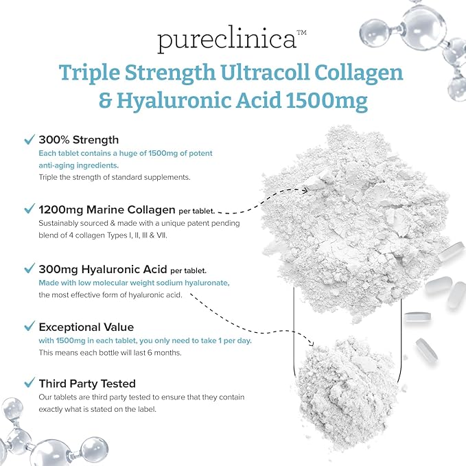pureclinica UltraColl Collagen &amp Hyaluronic Acid 1500mg x 360 Tablets (2 Bottles of 180) - 1 Years Supply
