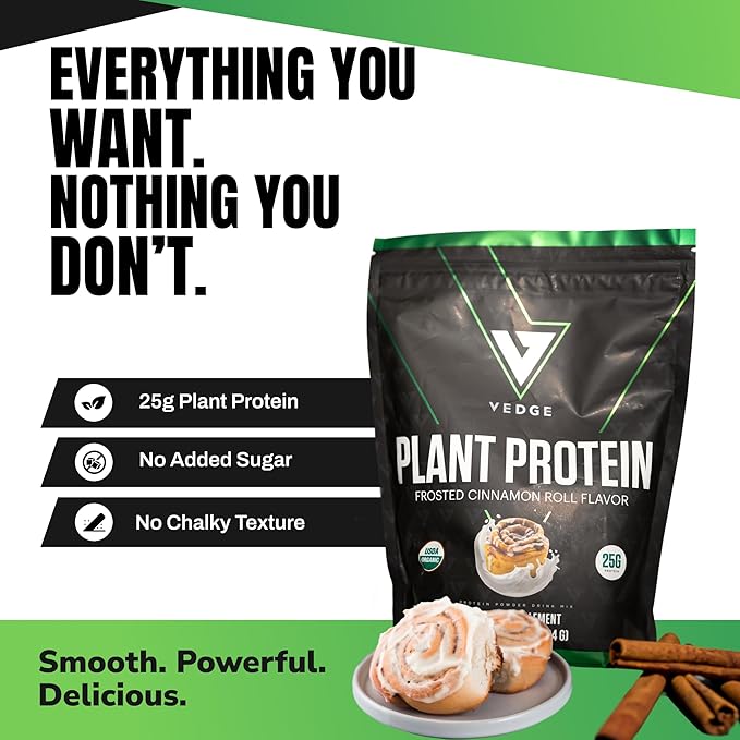 VEDGE Vegan Protein Powder - Plant Protein Powder with Pea Pumpkin &amp Sunflower - USDA Organic Amino Acids Dairy Free Gluten Free Soy Free Keto Non GMO Smooth Texture - Cinnamon - 20 Servin