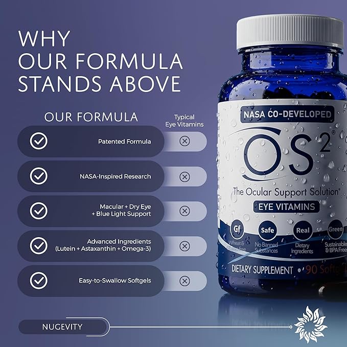 OS2 Ocular Support Solution - Patented Eye Vitamins for Macular Health Dry Eye and Blue Light - Lutein Zeaxanthin Omega 3 Astaxanthin and AREDS2 Supplements Co-Developed by NASA 90 ct