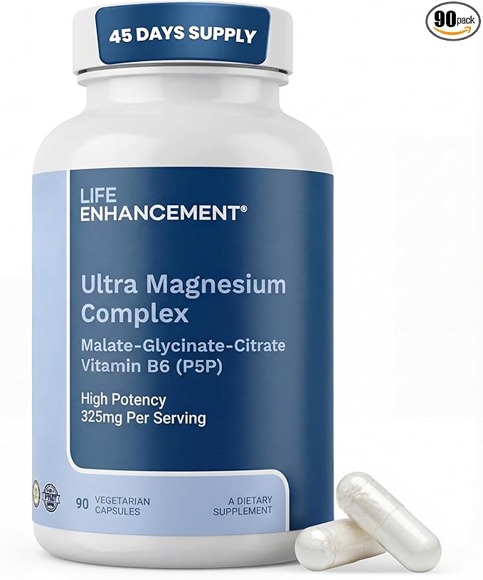 Life Enhancement Ultra Triple Magnesium Complex - 325 mg - with B6 Glycinate Malate &amp Citrate - Magnesium Supplement Enhance Sleep and Brain Function - Made in USA (90 Vegetarian Capsules)