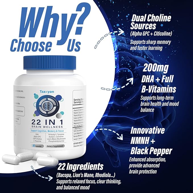 Brain Supplements for Memory and Focus Clarity &amp Cognitive Improvement 300mg Alpha GPC CDP-Choline DHA Lion’s Mane L-Theanine Vitamin &amp Phosphatidylserine for Men &amp Women 90 Capsul