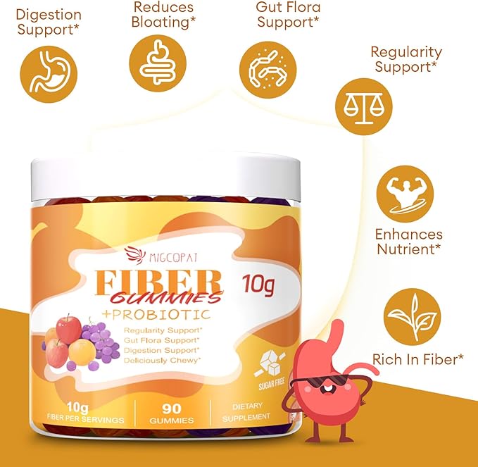 10G Fiber Gummies with Probiotics Fiber Supplement with 30 Billion CFU Probiotics Blend ACV Vitamin C Inulin - Support Digestive Health - No Sugar Added - Fruit Flavored - 90 Count