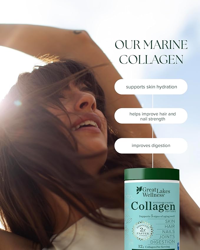 Great Lakes Wellness Sustainable Marine Collagen Peptides - Wild Caught MSC Certified - Unflavored Hydrolyzed Protein Powder - Support for Skin Hair Nails Joints &amp Digestion - iGen Non-GMO - 16