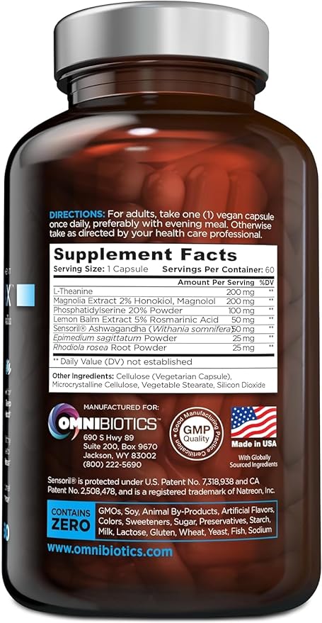 OmniBiotics Cortisol Supplement for Women and Men - High Cortisol Manager with Ashwagandha L-Theanine Magnolia Extract Phosphatidylserine to Support Relaxation Calm Detox - 60 Vegan Capsules