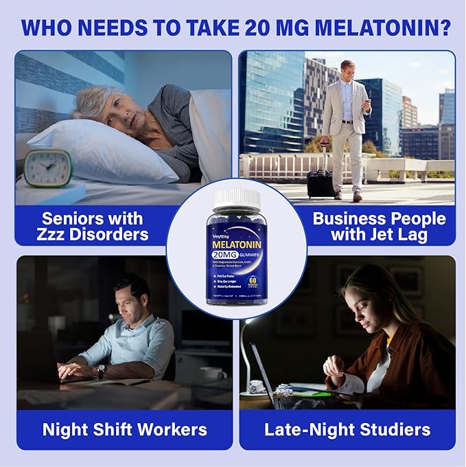 Melatonin 20mg Gummies for Adults - Max Strength Melatonin Gummy Supplement with Magnesium Glycinate B6 B12 L-Theanine GABA &amp Herbs - Non-Habit Forming Vegan Natural Mixed Berry Flavor