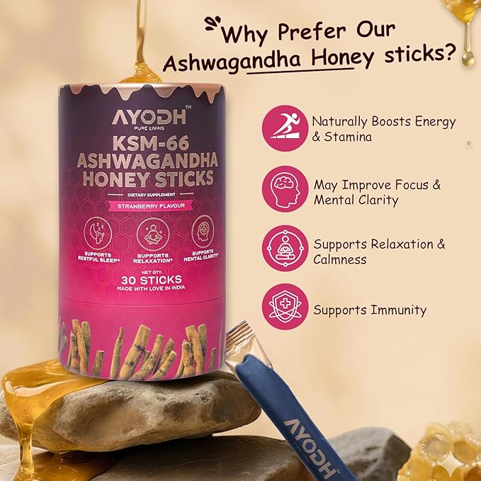 Premium KSM-66 Ashwagandha Honey Sticks – 30 Natural Himalayan Honey Sticks with 400 mg Ashwagandha Extract Promotes Relaxation &amp Calm Focus Non-GMO Daily Adaptogen Wellness
