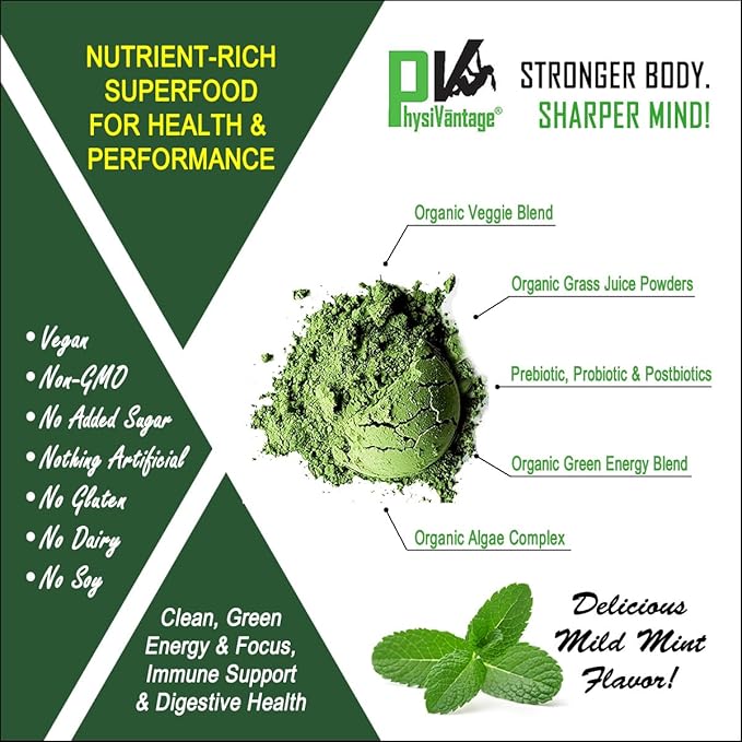 PhysiVantage Supercharged Collagen Peptides Powder - Unflavored &amp Organic Greens Powder