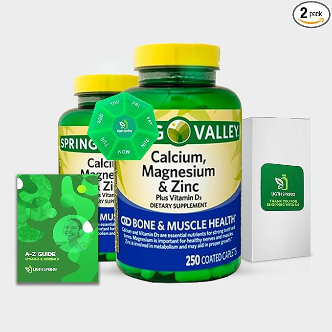 Calcium Magnesium Zinc &amp Vitamin D3 Dietary Supplement 250 Caplets (2 Pack) with Bundle Exclusive Better Ligth&ampSpring Guide + Weekly Pill Organizer (4 Items)