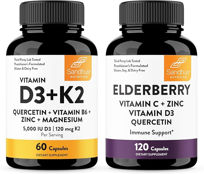 Sandhu's Vitamin D3 K2 with Quercetin Bundle with Elderberry Capsules | Supports Immune Muscle Teeth Health &amp Energy