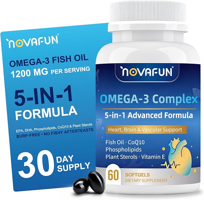 Omega 3 Fish Oil Supplements 1200mg High Potency 984mg Omega-3 Complex with CoQ10 Phospholipids Plant Stero &amp Vitamin E - Mini Easy-Swallow Softgels for Heart &amp Brain Health 60 Count