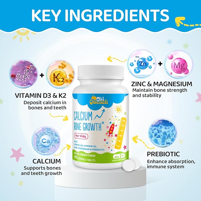 500 MG Calcium Supplement with Vitamin D3 &amp K2 Zinc Magnesium &amp Prebiotics. Kids Vitamins for Kids' Height. Bone Strength High Absorption Orange Chewables Non-GMO Gluten Free 60 Tabs
