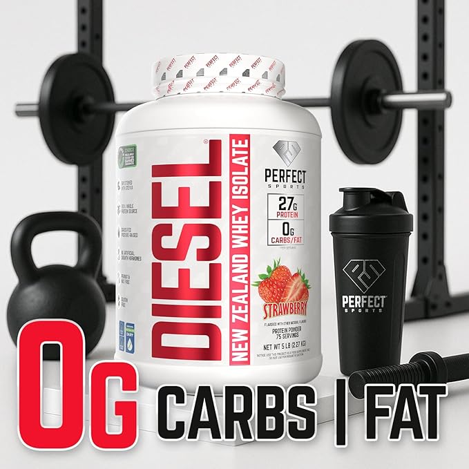 PERFECT SPORTS Diesel 100% New Zealand Whey Protein Isolate | Stevia Sweetened No Artificial Ingredients Keto | 0g Carb 0g Fat 27g Protein | 5 Pounds (Strawberry)
