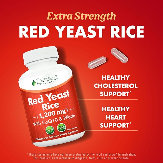 Red Yeast Rice with CoQ10 Supplement | Healthy Cholesterol Levels &amp Heart Health Support | Extra Strength Red Yeast Rice 1200 MG (600 MG Per Capsule) with Monakolin K | No Citrinin Non-GMO | 120