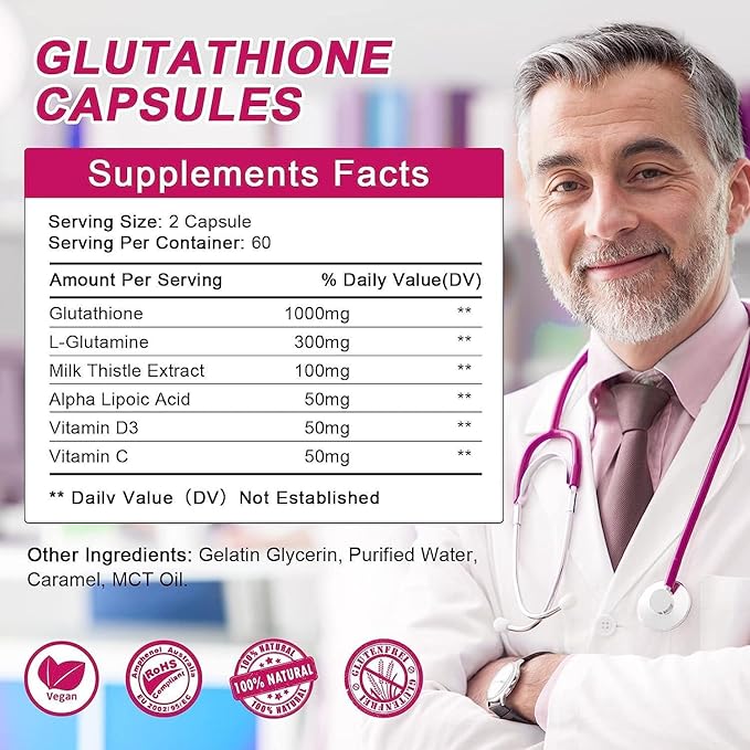 Glutathione 1000mg Soft Capsules – with L-Glutamine 300mg Milk Thistle Alpha Lipoic Acid Vitamin C &amp D3 – Super Antioxidant Supplement for Detox &amp Cleanse