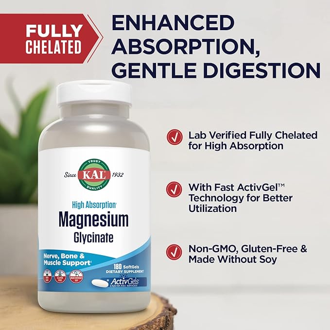 KAL Magnesium Glycinate ActivGels 315mg Fully Chelated High Absorption Magnesium Supplement for Relaxation Muscle &amp Bone Support Non-GMO Gluten Free 60 Servings 180 Softgels