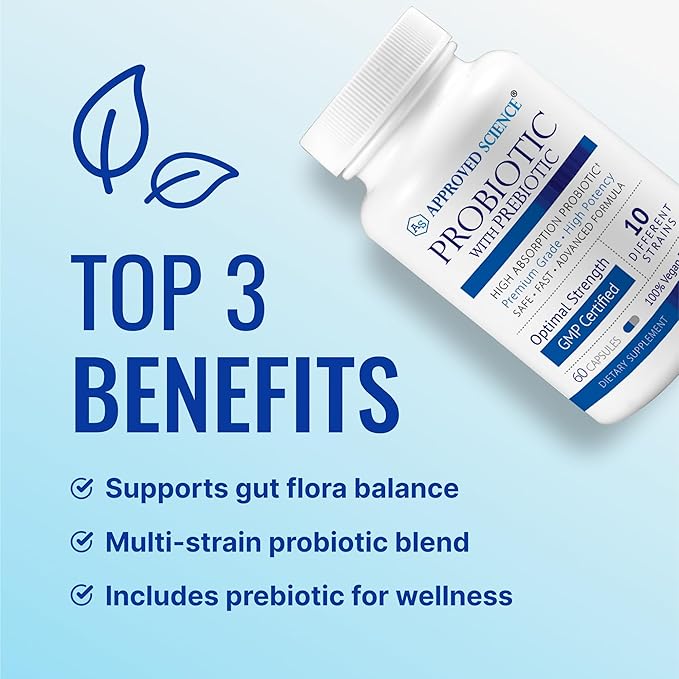 Approved Science Probiotic with Prebiotic - 10 Strains - 25 Billion CFU - 1 Bottle - Vegan