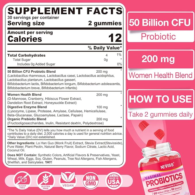 Vaginal Probiotics Gummies for Women PH Balance Odor Control with Prebiotics Cranberry D-Mannose Promotes Feminine Healthy Vaginal Flora Urinary Tract Yeast Digestive Support Sugar Free60Cts