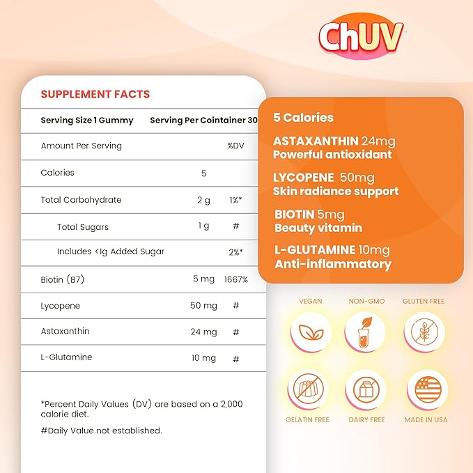 30 Gummies - Natural Astaxanthin Supplement for Supporting Tanning - Includes Lycopene Biotin and L-Glutamine - Non-GMO &amp Gluten-Free