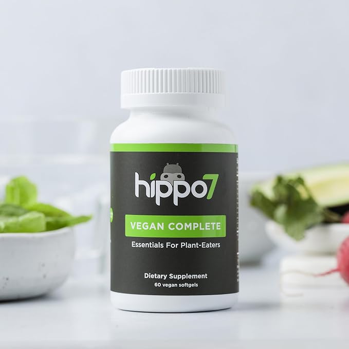 Hippo7 Vegan Complete Multivitamin Vitamin B12 Vitamin D Omega-3 DHA+EPA Calcium Iodine Zinc &amp Iron. (1 Bottle 60 Softgels)