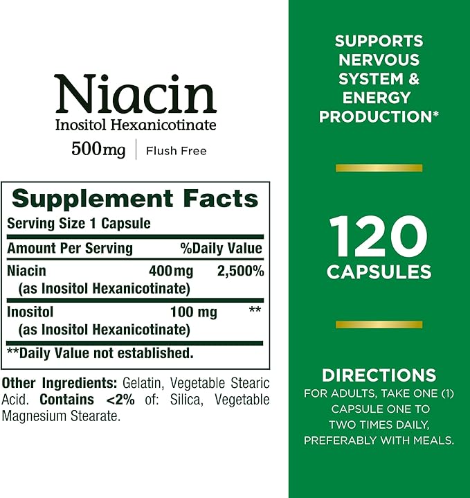 Nature's Bounty Niacin 500mg Flush Free Cellular Energy Support Supports Nervous System Health 120 Capsules (Pack of 3)